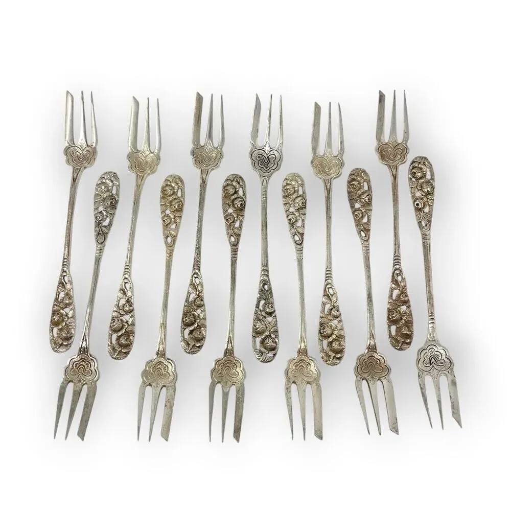 Silver 800 835 Dessert Pastry Mini Forks Fork Lot of 12 Floral Ornate Rose 5.5”